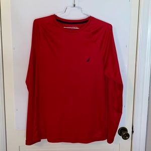 Red L Nautica long sleeve with navy blue logo on sleeve